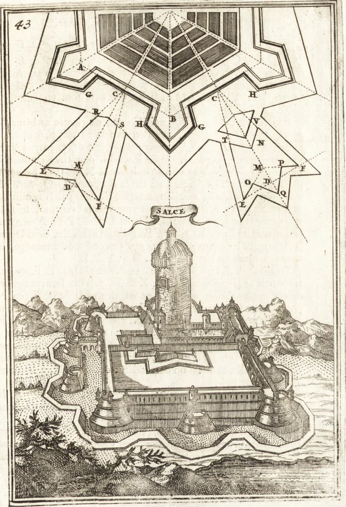 An illustration from Les travaux de Mars, ou, L'art de la guerre : divisé en trois parties ... : avec un ample détail de la milice des Turcs, tant pour l'attaque que pour la deffence : ouvrage enrichi de plus de quatre cens planches gravées en taille-douce, 1684, leaf 144