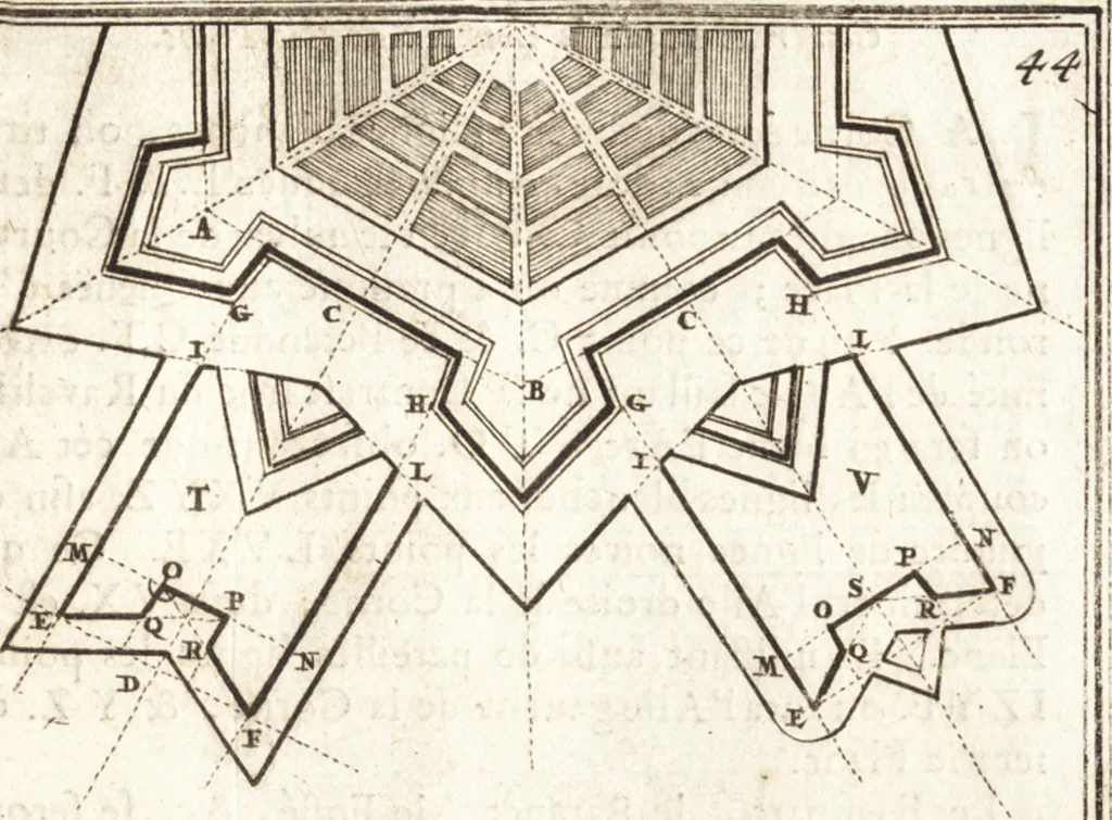 An illustration from Les travaux de Mars, ou, L'art de la guerre : divisé en trois parties ... : avec un ample détail de la milice des Turcs, tant pour l'attaque que pour la deffence : ouvrage enrichi de plus de quatre cens planches gravées en taille-douce, 1684, leaf 146