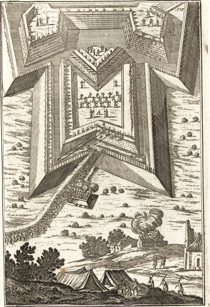 An illustration from Les travaux de Mars, ou, L'art de la guerre : divisé en trois parties ... : avec un ample détail de la milice des Turcs, tant pour l'attaque que pour la deffence : ouvrage enrichi de plus de quatre cens planches gravées en taille-douce, 1684, leaf 154