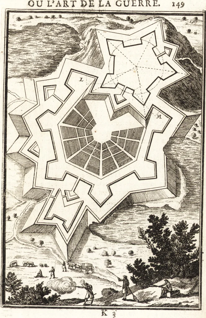 An illustration from Les travaux de Mars, ou, L'art de la guerre : divisé en trois parties ... : avec un ample détail de la milice des Turcs, tant pour l'attaque que pour la deffence : ouvrage enrichi de plus de quatre cens planches gravées en taille-douce, 1684, leaf 174