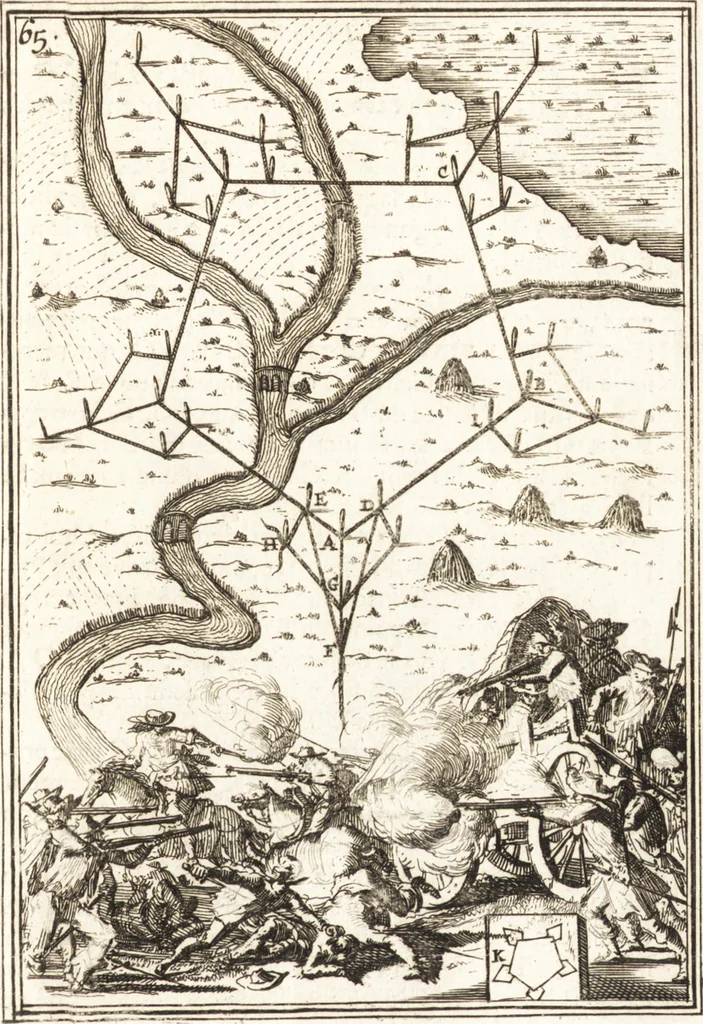 An illustration from Les travaux de Mars, ou, L'art de la guerre : divisé en trois parties ... : avec un ample détail de la milice des Turcs, tant pour l'attaque que pour la deffence : ouvrage enrichi de plus de quatre cens planches gravées en taille-douce, 1684, leaf 218