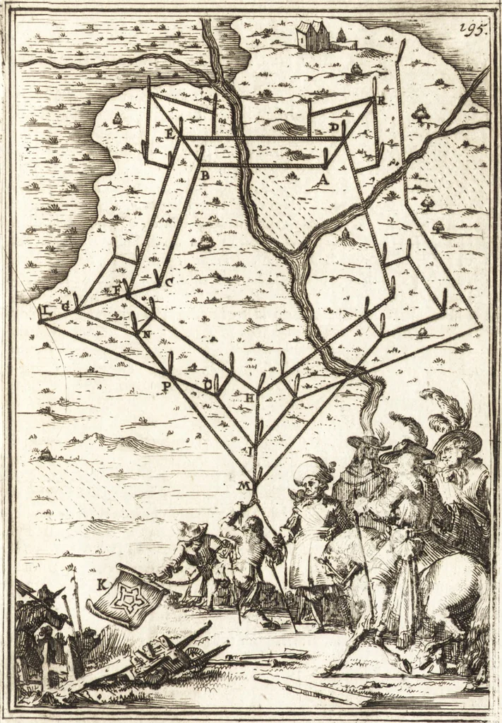 An illustration from Les travaux de Mars, ou, L'art de la guerre : divisé en trois parties ... : avec un ample détail de la milice des Turcs, tant pour l'attaque que pour la deffence : ouvrage enrichi de plus de quatre cens planches gravées en taille-douce, 1684, leaf 220