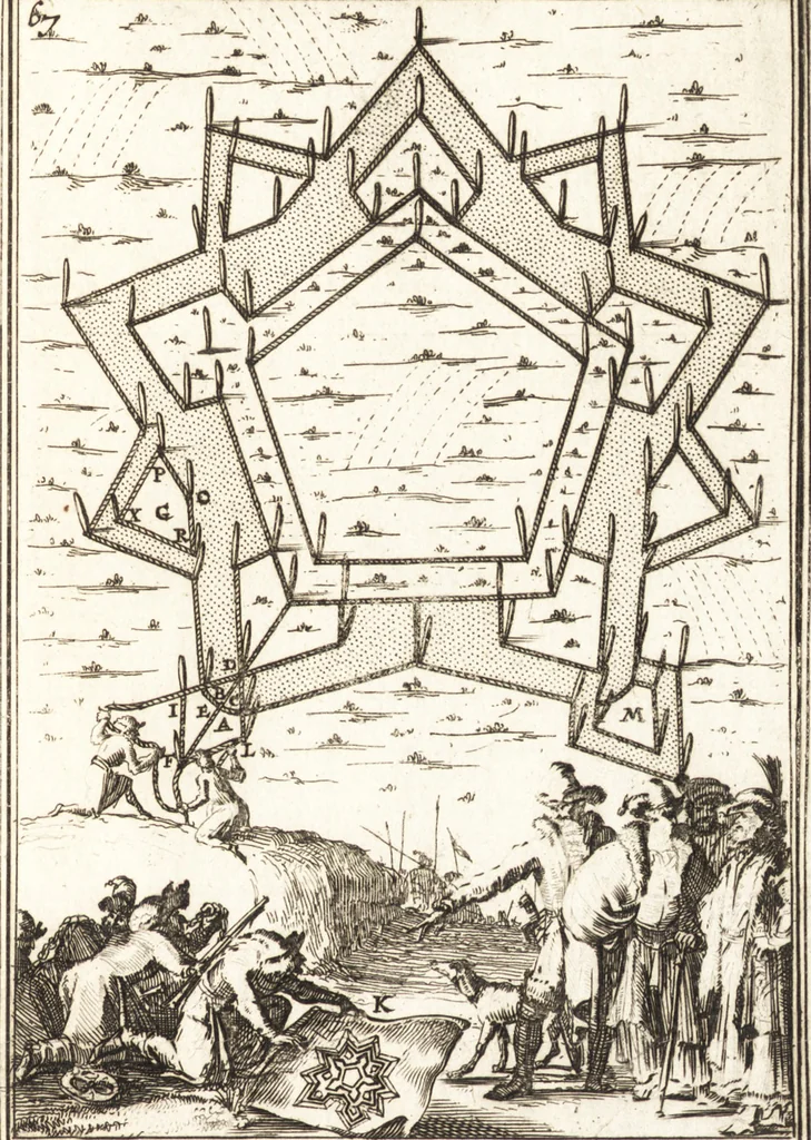 An illustration from Les travaux de Mars, ou, L'art de la guerre : divisé en trois parties ... : avec un ample détail de la milice des Turcs, tant pour l'attaque que pour la deffence : ouvrage enrichi de plus de quatre cens planches gravées en taille-douce, 1684, leaf 222