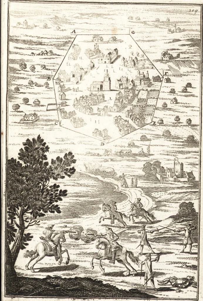 An illustration from Les travaux de Mars, ou, L'art de la guerre : divisé en trois parties ... : avec un ample détail de la milice des Turcs, tant pour l'attaque que pour la deffence : ouvrage enrichi de plus de quatre cens planches gravées en taille-douce, 1684, leaf 234
