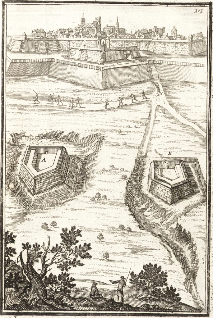 An illustration from Les travaux de Mars, ou, L'art de la guerre : divisé en trois parties ... : avec un ample détail de la milice des Turcs, tant pour l'attaque que pour la deffence : ouvrage enrichi de plus de quatre cens planches gravées en taille-douce, 1684, leaf 338