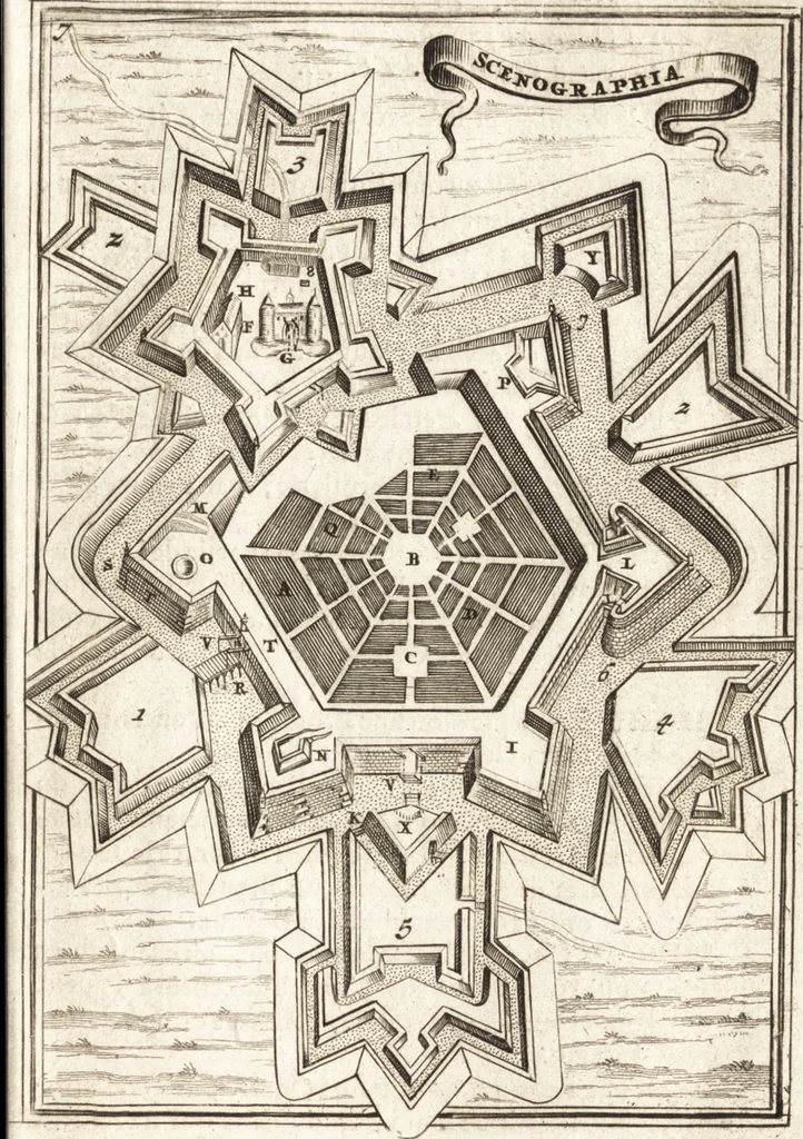 An illustration from Les travaux de Mars, ou, L'art de la guerre : divisé en trois parties ... : avec un ample détail de la milice des Turcs, tant pour l'attaque que pour la deffence : ouvrage enrichi de plus de quatre cens planches gravées en taille-douce, 1684, leaf 92