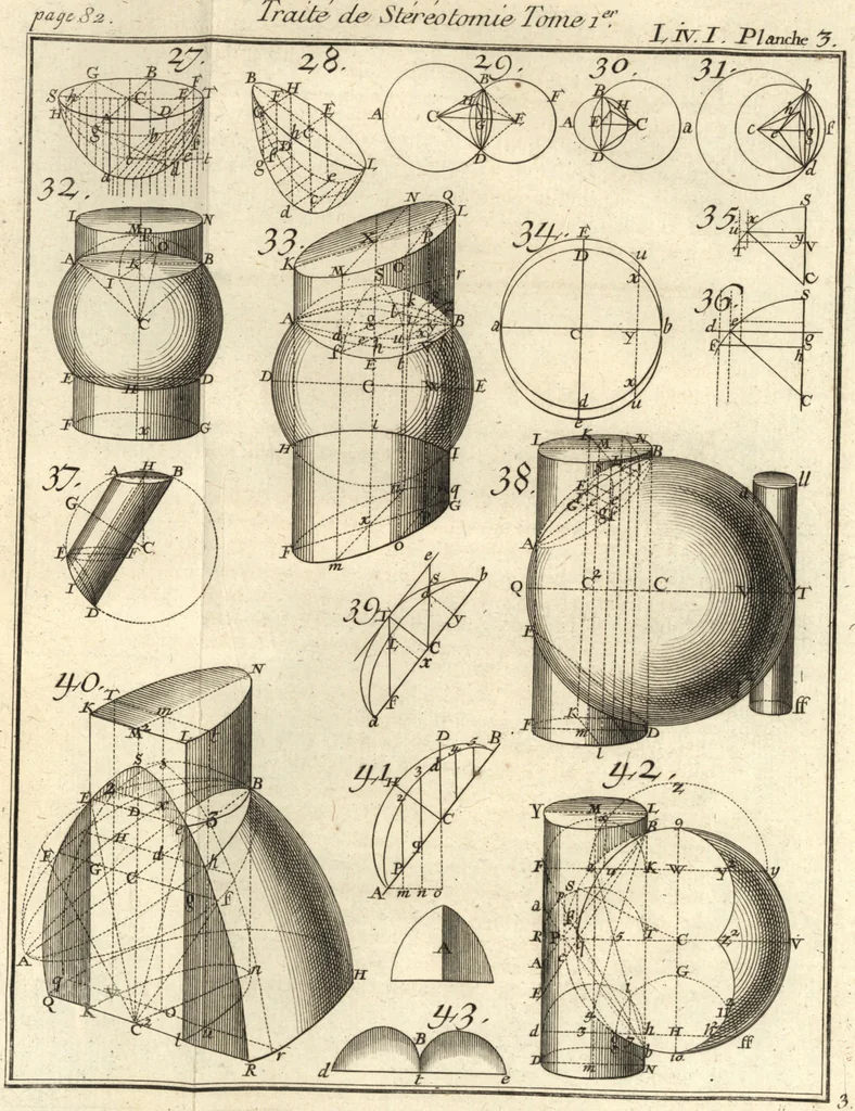 An illustration from La théorie et la pratique de la coupe des pierres et des bois, pour la construction des voutes et autres parties des bâtimens civils & militaires, ou, Traité de stéréotomie à l'usage de l'architecture, 1754, leaf 136