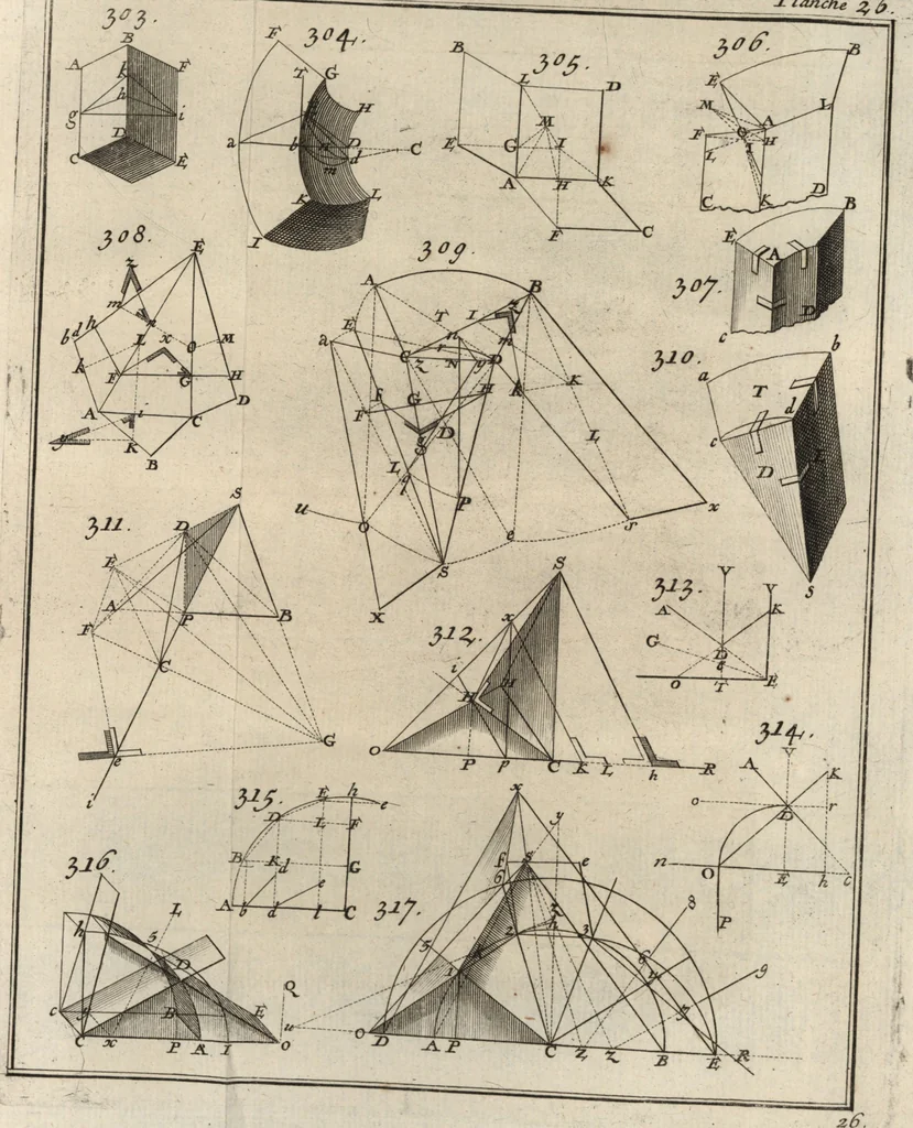 An illustration from La théorie et la pratique de la coupe des pierres et des bois, pour la construction des voutes et autres parties des bâtimens civils & militaires, ou, Traité de stéréotomie à l'usage de l'architecture, 1754, leaf 536