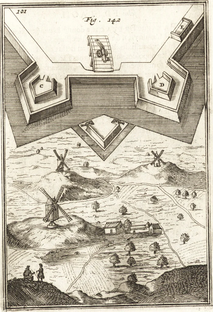 An illustration from Les travaux de Mars, ou, L'art de la guerre : divisé en trois parties ... : avec un ample détail de la milice des Turcs, tant pour l'attaque que pour la deffence : ouvrage enrichi de plus de quatre cens planches gravées en taille-douce, 1684, leaf 172