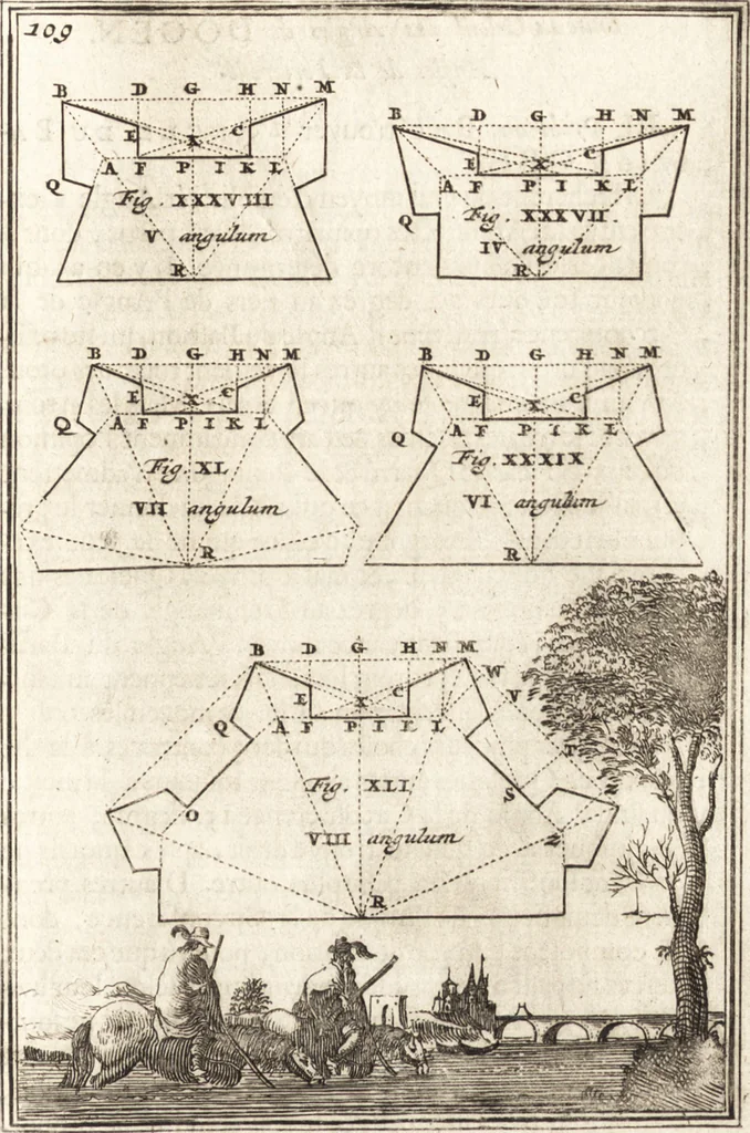 An illustration from Les travaux de Mars, ou, L'art de la guerre : divisé en trois parties ... : avec un ample détail de la milice des Turcs, tant pour l'attaque que pour la deffence : ouvrage enrichi de plus de quatre cens planches gravées en taille-douce, 1684, leaf 184