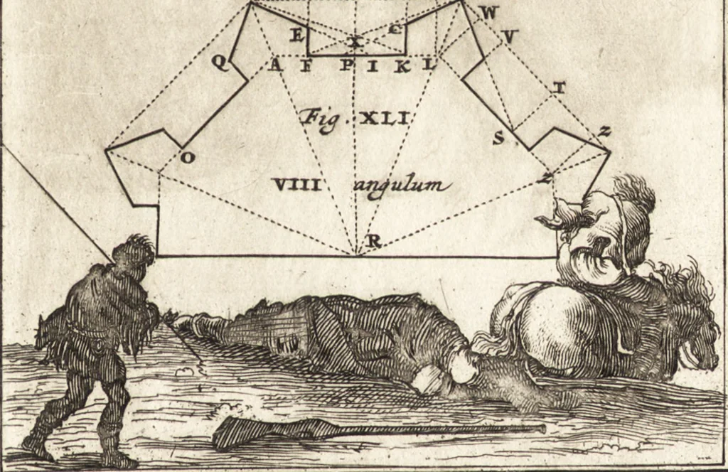 An illustration from Les travaux de Mars, ou, L'art de la guerre : divisé en trois parties ... : avec un ample détail de la milice des Turcs, tant pour l'attaque que pour la deffence : ouvrage enrichi de plus de quatre cens planches gravées en taille-douce, 1684, leaf 210