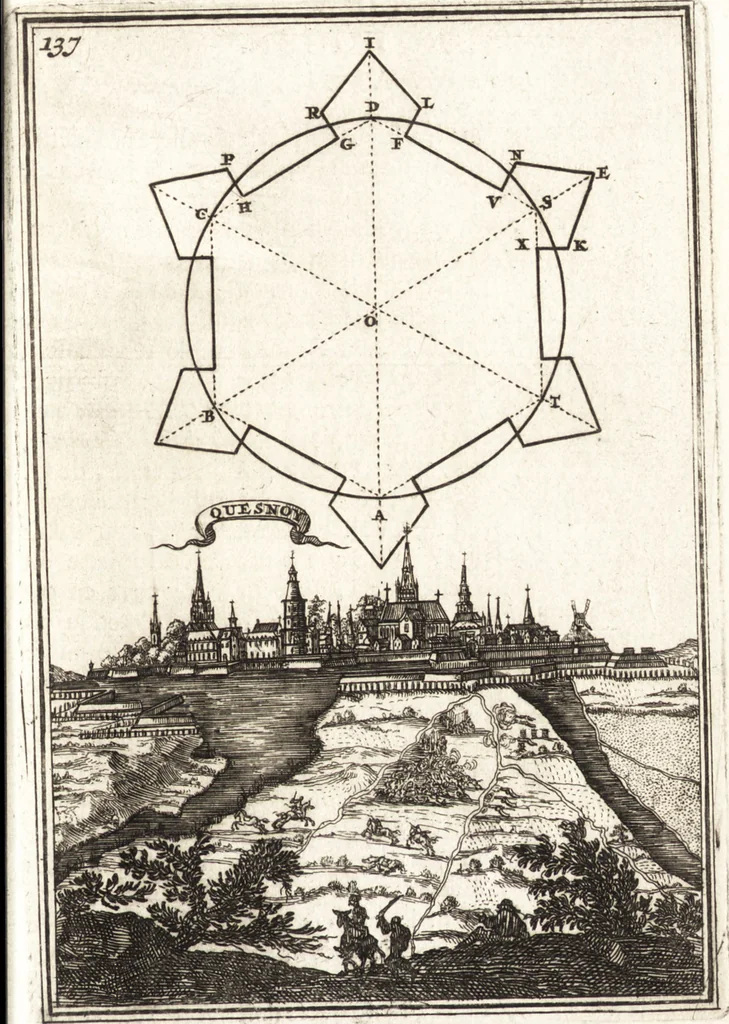 An illustration from Les travaux de Mars, ou, L'art de la guerre : divisé en trois parties ... : avec un ample détail de la milice des Turcs, tant pour l'attaque que pour la deffence : ouvrage enrichi de plus de quatre cens planches gravées en taille-douce, 1684, leaf 218