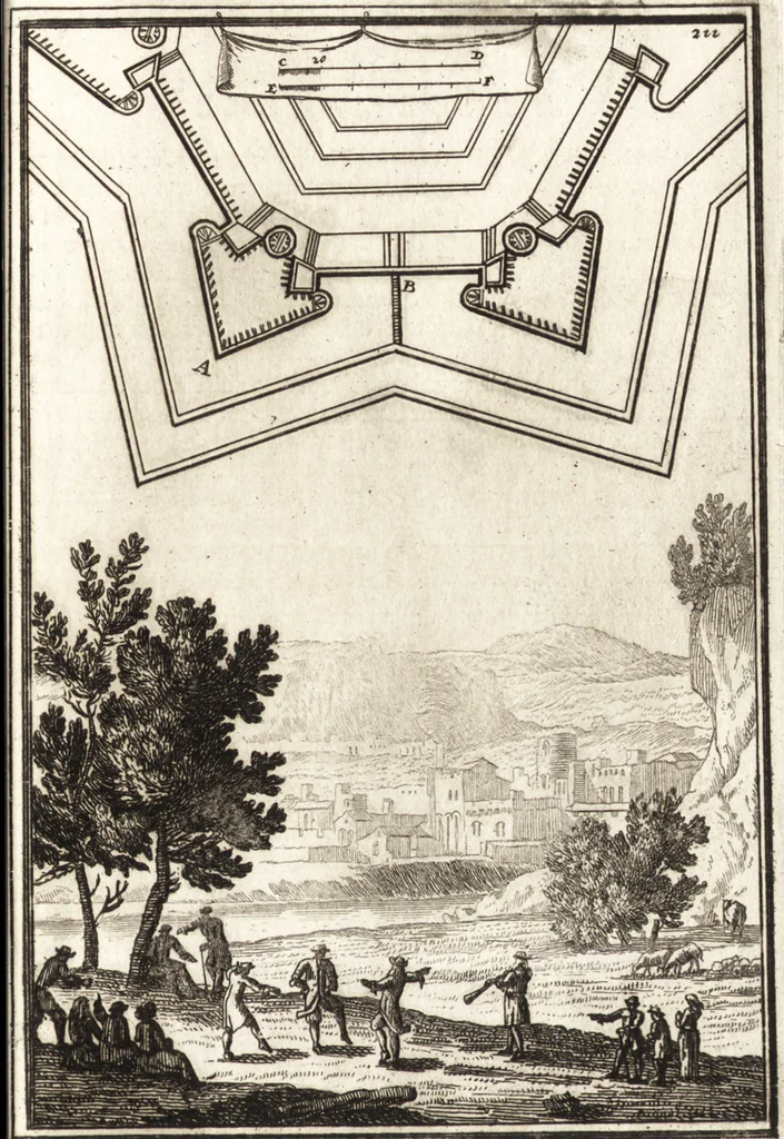 An illustration from Les travaux de Mars, ou, L'art de la guerre : divisé en trois parties ... : avec un ample détail de la milice des Turcs, tant pour l'attaque que pour la deffence : ouvrage enrichi de plus de quatre cens planches gravées en taille-douce, 1684, leaf 232