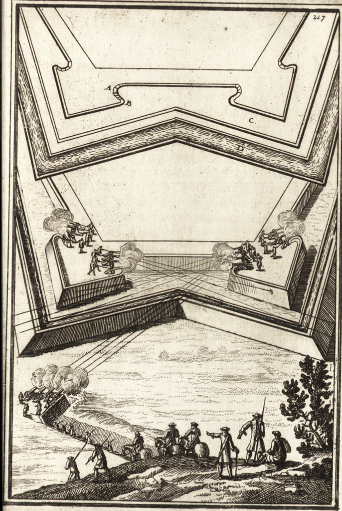 An illustration from Les travaux de Mars, ou, L'art de la guerre : divisé en trois parties ... : avec un ample détail de la milice des Turcs, tant pour l'attaque que pour la deffence : ouvrage enrichi de plus de quatre cens planches gravées en taille-douce, 1684, leaf 238