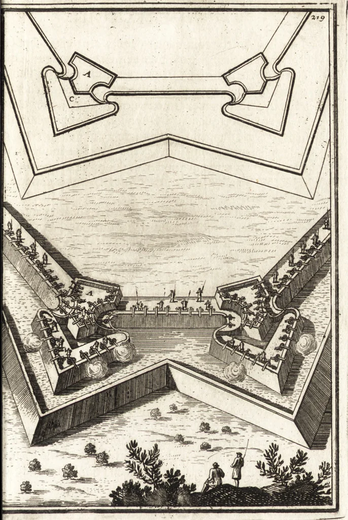 An illustration from Les travaux de Mars, ou, L'art de la guerre : divisé en trois parties ... : avec un ample détail de la milice des Turcs, tant pour l'attaque que pour la deffence : ouvrage enrichi de plus de quatre cens planches gravées en taille-douce, 1684, leaf 240