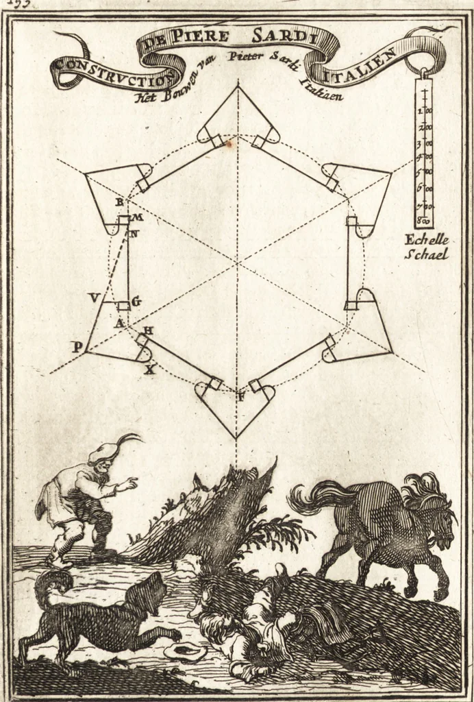 An illustration from Les travaux de Mars, ou, L'art de la guerre : divisé en trois parties ... : avec un ample détail de la milice des Turcs, tant pour l'attaque que pour la deffence : ouvrage enrichi de plus de quatre cens planches gravées en taille-douce, 1684, leaf 258