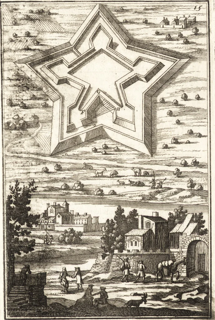 An illustration from Les travaux de Mars, ou, L'art de la guerre : divisé en trois parties ... : avec un ample détail de la milice des Turcs, tant pour l'attaque que pour la deffence : ouvrage enrichi de plus de quatre cens planches gravées en taille-douce, 1684, leaf 34