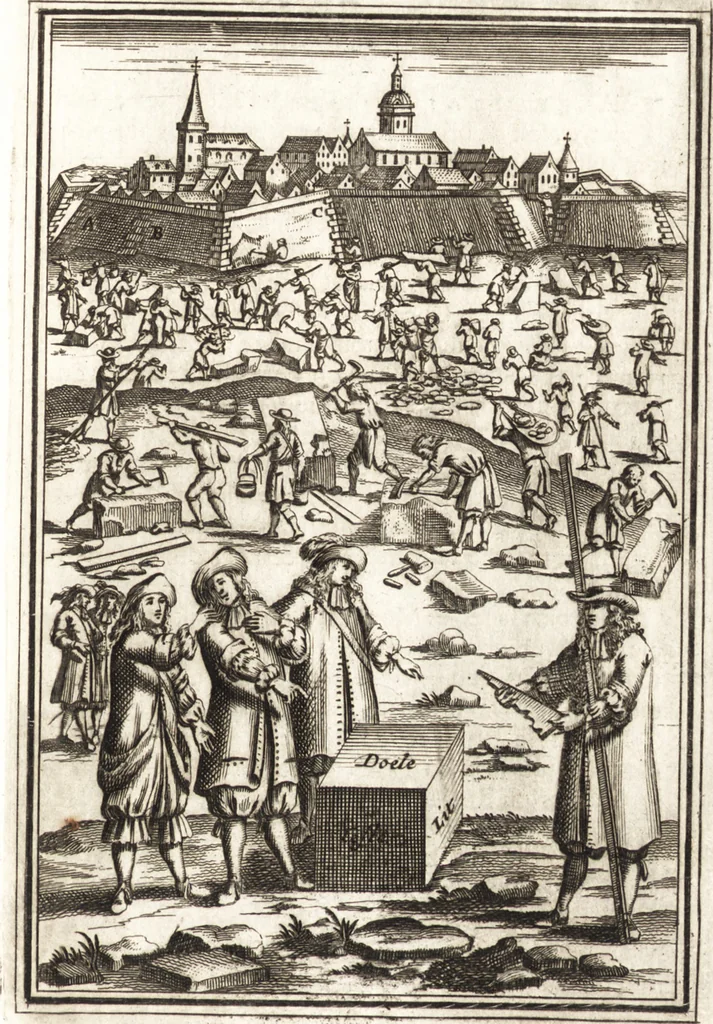 An illustration from Les travaux de Mars, ou, L'art de la guerre : divisé en trois parties ... : avec un ample détail de la milice des Turcs, tant pour l'attaque que pour la deffence : ouvrage enrichi de plus de quatre cens planches gravées en taille-douce, 1684, leaf 346
