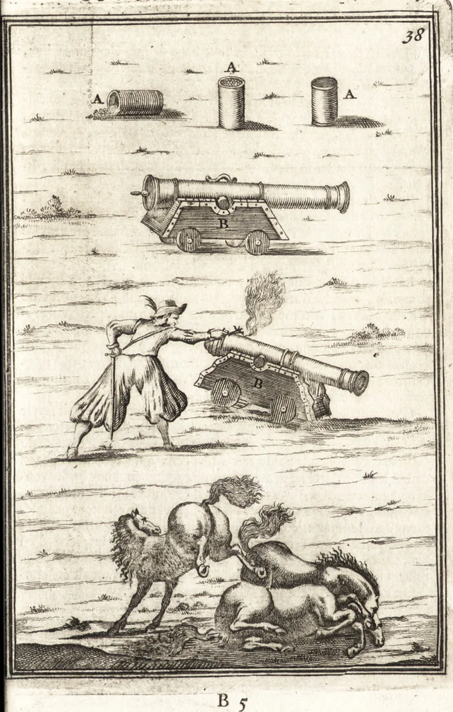 An illustration from Les travaux de Mars, ou, L'art de la guerre : divisé en trois parties ... : avec un ample détail de la milice des Turcs, tant pour l'attaque que pour la deffence : ouvrage enrichi de plus de quatre cens planches gravées en taille-douce, 1684, leaf 44
