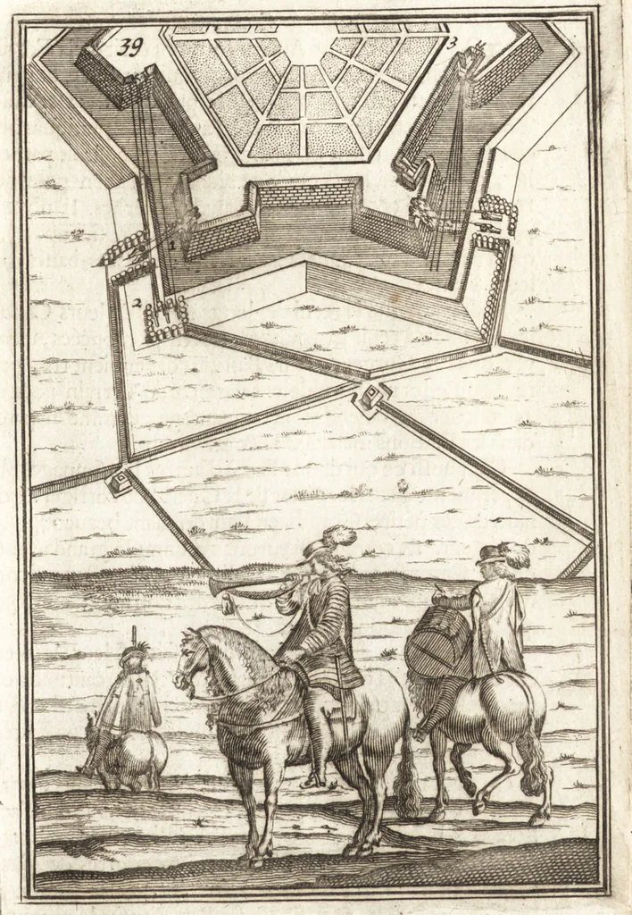 An illustration from Les travaux de Mars, ou, L'art de la guerre : divisé en trois parties ... : avec un ample détail de la milice des Turcs, tant pour l'attaque que pour la deffence : ouvrage enrichi de plus de quatre cens planches gravées en taille-douce, 1684, leaf 46