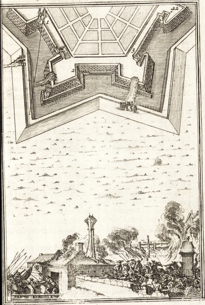 An illustration from Les travaux de Mars, ou, L'art de la guerre : divisé en trois parties ... : avec un ample détail de la milice des Turcs, tant pour l'attaque que pour la deffence : ouvrage enrichi de plus de quatre cens planches gravées en taille-douce, 1684, leaf 82