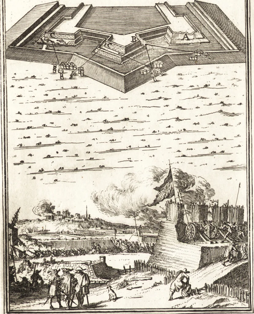 An illustration from Les travaux de Mars, ou, L'art de la guerre : divisé en trois parties ... : avec un ample détail de la milice des Turcs, tant pour l'attaque que pour la deffence : ouvrage enrichi de plus de quatre cens planches gravées en taille-douce, 1684, leaf 92