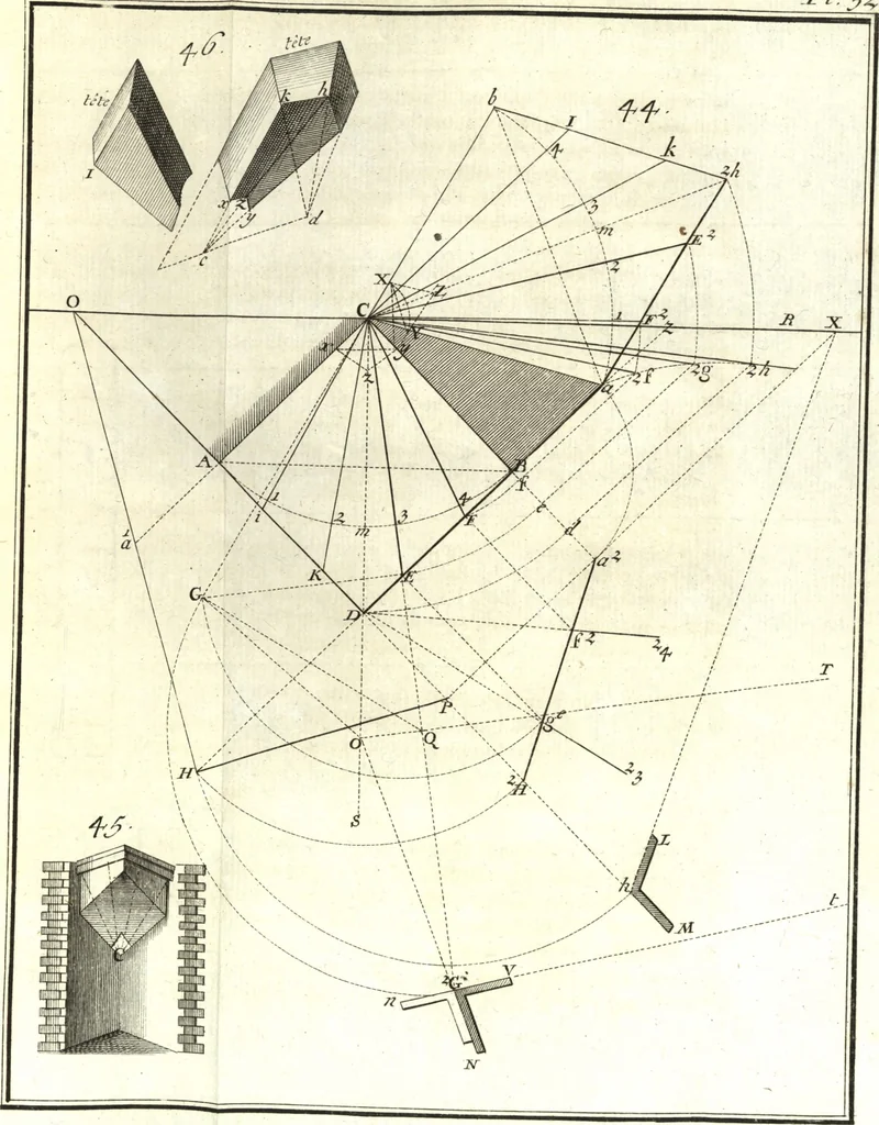 An illustration from La théorie et la pratique de la coupe des pierres et des bois, pour la construction des voutes et autres parties des bâtimens civils & militaires, ou, Traité de stéréotomie à l'usage de l'architecture, 1754, leaf 120