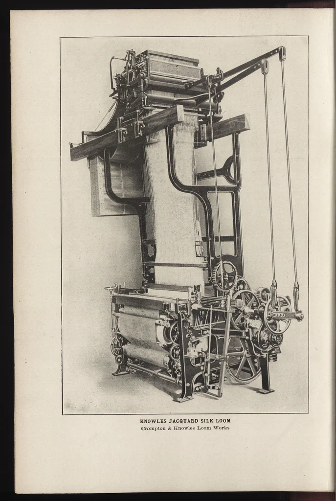 An illustration from Cyclopedia of textile work : a general reference library on cotton, woolen and worsted yarn manufacture, weaving, designing, chemistry and dyeing, finishing, knitting, and allied subjects, 1907, leaf 9