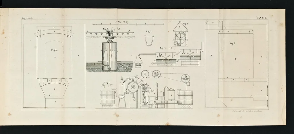 An illustration from Die neuesten, wichtigsten Fortschritte, Erfindungen und Verbesserungen in der Farbenfabrikation : sowohl in Bezug auf Erd- und Oxydfarben : als auch Lackfarben und Farbstoffe aus Harnsäure (Murexid), wie aus Steinkohlentheer (Analinfarben) zum Färben und Drucken der Gewebe, 1864, leaf 270