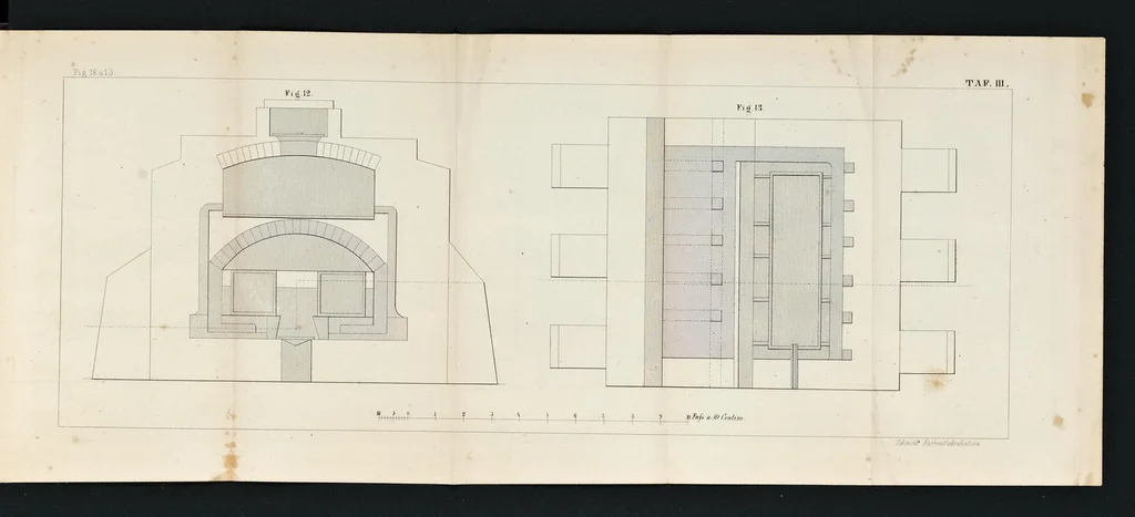 An illustration from Die neuesten, wichtigsten Fortschritte, Erfindungen und Verbesserungen in der Farbenfabrikation : sowohl in Bezug auf Erd- und Oxydfarben : als auch Lackfarben und Farbstoffe aus Harnsäure (Murexid), wie aus Steinkohlentheer (Analinfarben) zum Färben und Drucken der Gewebe, 1864, leaf 274
