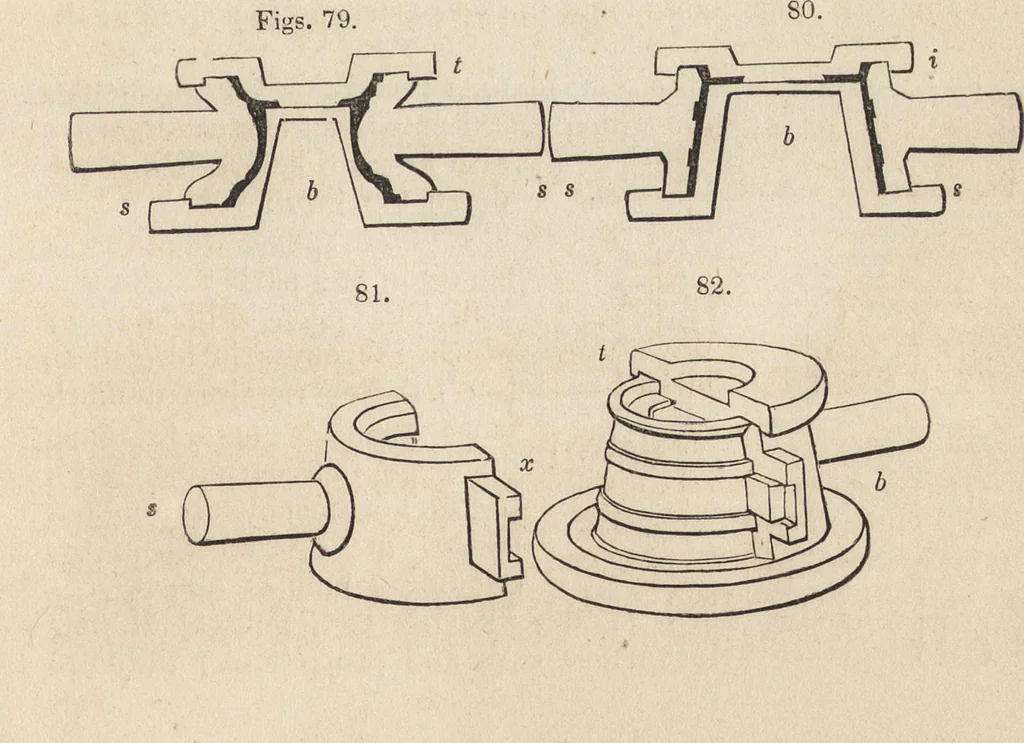 An illustration from The practical metal-worker's assistant : containing the arts of working all metals and alloys, forging of iron and steel, hardening and tempering, melting and mixing, casting and founding, works in sheet metal, the processes dependent on the ductility of the metals, soldering, and the most improved processes, and tools employed by metal-workers, with the application of the art of electro-metallurgy to manufacturing processes : collected from original sources, and from the works of Holtzapffel, Bergeron, Leupold, Plumier, Napier, and others ..., 1851, leaf 140