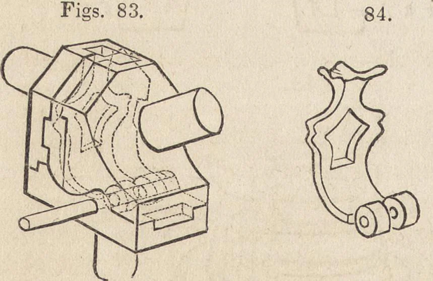 An illustration from The practical metal-worker's assistant : containing the arts of working all metals and alloys, forging of iron and steel, hardening and tempering, melting and mixing, casting and founding, works in sheet metal, the processes dependent on the ductility of the metals, soldering, and the most improved processes, and tools employed by metal-workers, with the application of the art of electro-metallurgy to manufacturing processes : collected from original sources, and from the works of Holtzapffel, Bergeron, Leupold, Plumier, Napier, and others ..., 1851, leaf 141