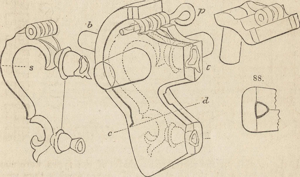 An illustration from The practical metal-worker's assistant : containing the arts of working all metals and alloys, forging of iron and steel, hardening and tempering, melting and mixing, casting and founding, works in sheet metal, the processes dependent on the ductility of the metals, soldering, and the most improved processes, and tools employed by metal-workers, with the application of the art of electro-metallurgy to manufacturing processes : collected from original sources, and from the works of Holtzapffel, Bergeron, Leupold, Plumier, Napier, and others ..., 1851, leaf 142