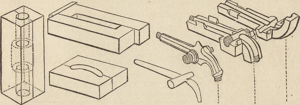 An illustration from The practical metal-worker's assistant : containing the arts of working all metals and alloys, forging of iron and steel, hardening and tempering, melting and mixing, casting and founding, works in sheet metal, the processes dependent on the ductility of the metals, soldering, and the most improved processes, and tools employed by metal-workers, with the application of the art of electro-metallurgy to manufacturing processes : collected from original sources, and from the works of Holtzapffel, Bergeron, Leupold, Plumier, Napier, and others ..., 1851, leaf 154