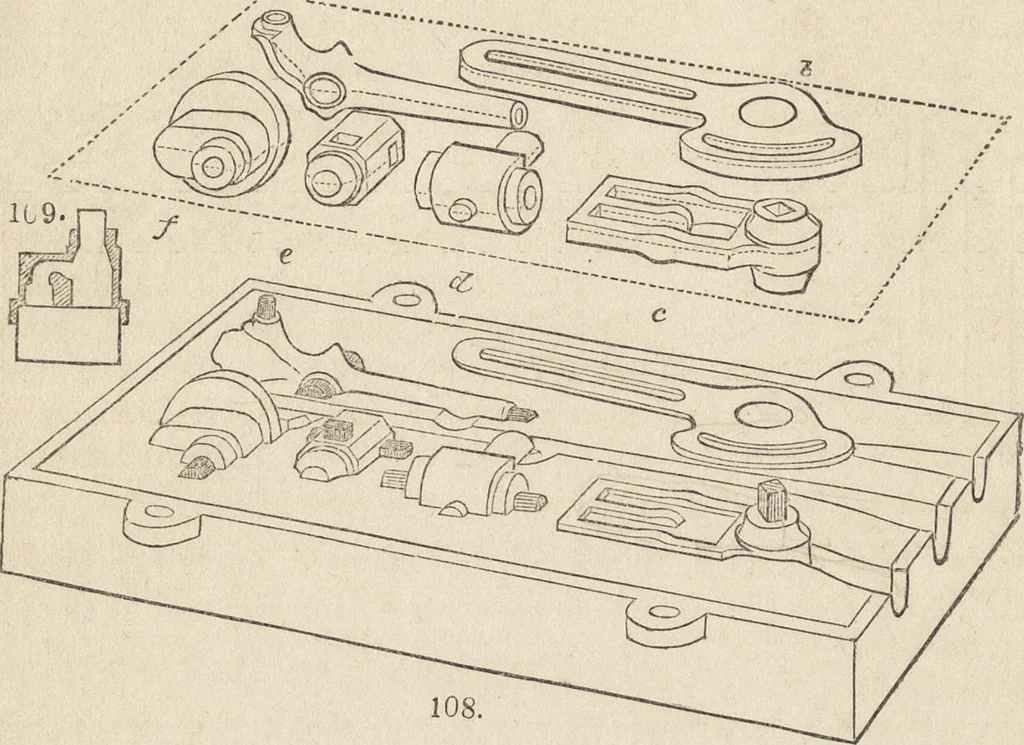 An illustration from The practical metal-worker's assistant : containing the arts of working all metals and alloys, forging of iron and steel, hardening and tempering, melting and mixing, casting and founding, works in sheet metal, the processes dependent on the ductility of the metals, soldering, and the most improved processes, and tools employed by metal-workers, with the application of the art of electro-metallurgy to manufacturing processes : collected from original sources, and from the works of Holtzapffel, Bergeron, Leupold, Plumier, Napier, and others ..., 1851, leaf 155