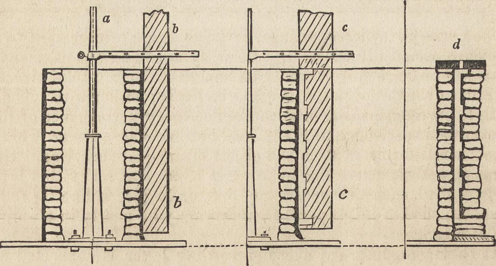An illustration from The practical metal-worker's assistant : containing the arts of working all metals and alloys, forging of iron and steel, hardening and tempering, melting and mixing, casting and founding, works in sheet metal, the processes dependent on the ductility of the metals, soldering, and the most improved processes, and tools employed by metal-workers, with the application of the art of electro-metallurgy to manufacturing processes : collected from original sources, and from the works of Holtzapffel, Bergeron, Leupold, Plumier, Napier, and others ..., 1851, leaf 171