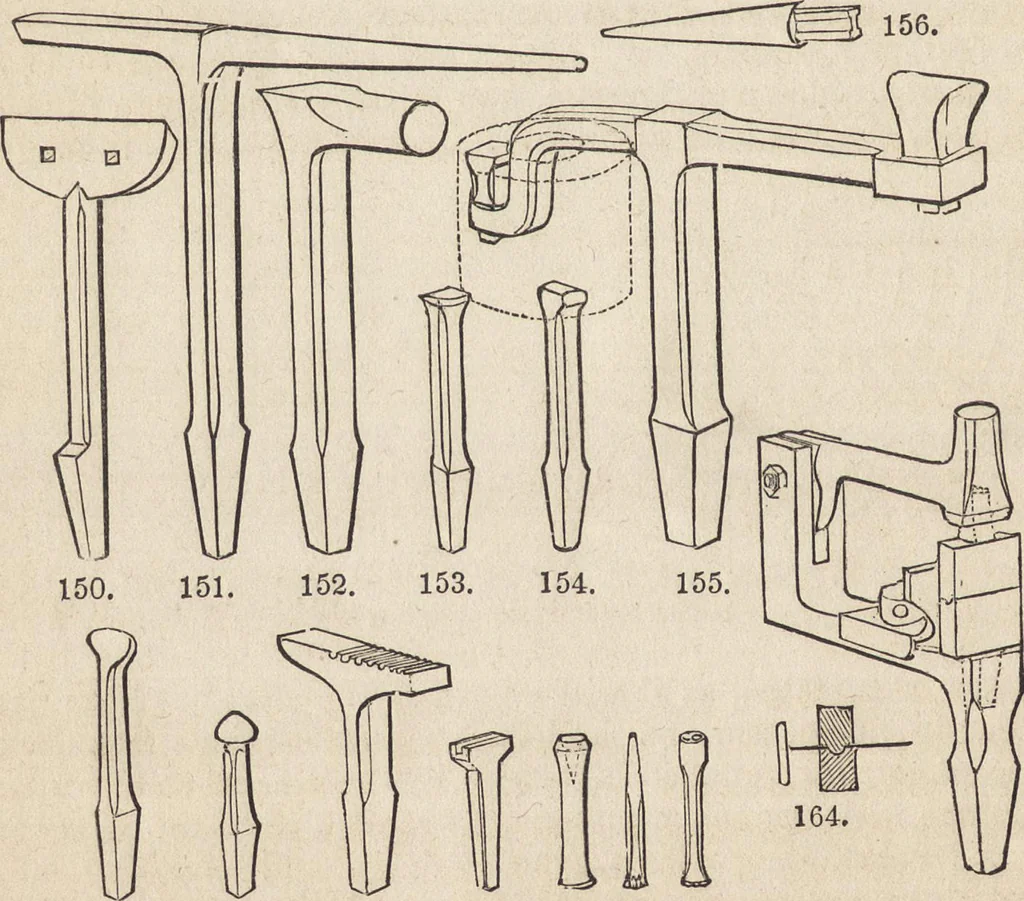 An illustration from The practical metal-worker's assistant : containing the arts of working all metals and alloys, forging of iron and steel, hardening and tempering, melting and mixing, casting and founding, works in sheet metal, the processes dependent on the ductility of the metals, soldering, and the most improved processes, and tools employed by metal-workers, with the application of the art of electro-metallurgy to manufacturing processes : collected from original sources, and from the works of Holtzapffel, Bergeron, Leupold, Plumier, Napier, and others ..., 1851, leaf 191