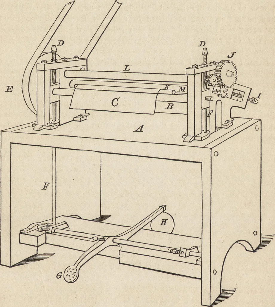 An illustration from The practical metal-worker's assistant : containing the arts of working all metals and alloys, forging of iron and steel, hardening and tempering, melting and mixing, casting and founding, works in sheet metal, the processes dependent on the ductility of the metals, soldering, and the most improved processes, and tools employed by metal-workers, with the application of the art of electro-metallurgy to manufacturing processes : collected from original sources, and from the works of Holtzapffel, Bergeron, Leupold, Plumier, Napier, and others ..., 1851, leaf 196