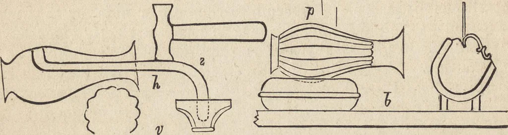 An illustration from The practical metal-worker's assistant : containing the arts of working all metals and alloys, forging of iron and steel, hardening and tempering, melting and mixing, casting and founding, works in sheet metal, the processes dependent on the ductility of the metals, soldering, and the most improved processes, and tools employed by metal-workers, with the application of the art of electro-metallurgy to manufacturing processes : collected from original sources, and from the works of Holtzapffel, Bergeron, Leupold, Plumier, Napier, and others ..., 1851, leaf 219