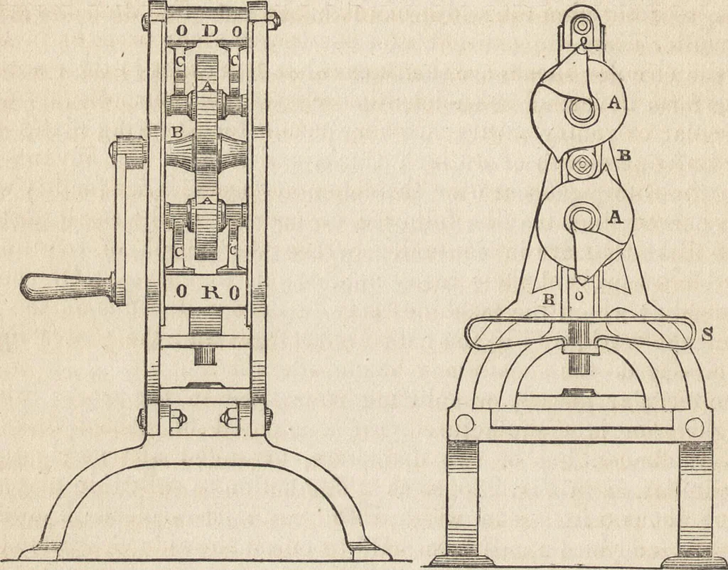 An illustration from The practical metal-worker's assistant : containing the arts of working all metals and alloys, forging of iron and steel, hardening and tempering, melting and mixing, casting and founding, works in sheet metal, the processes dependent on the ductility of the metals, soldering, and the most improved processes, and tools employed by metal-workers, with the application of the art of electro-metallurgy to manufacturing processes : collected from original sources, and from the works of Holtzapffel, Bergeron, Leupold, Plumier, Napier, and others ..., 1851, leaf 273