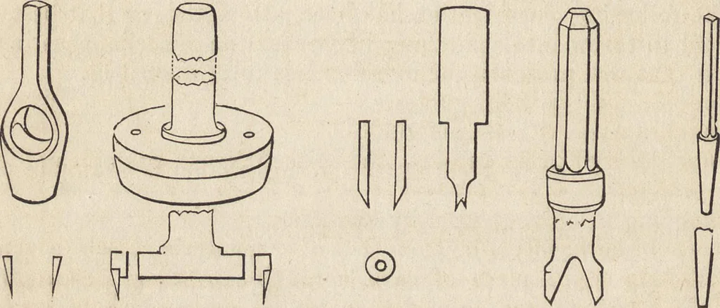 An illustration from The practical metal-worker's assistant : containing the arts of working all metals and alloys, forging of iron and steel, hardening and tempering, melting and mixing, casting and founding, works in sheet metal, the processes dependent on the ductility of the metals, soldering, and the most improved processes, and tools employed by metal-workers, with the application of the art of electro-metallurgy to manufacturing processes : collected from original sources, and from the works of Holtzapffel, Bergeron, Leupold, Plumier, Napier, and others ..., 1851, leaf 275