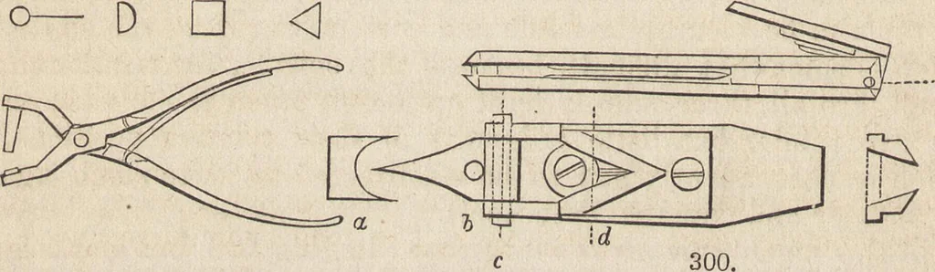 An illustration from The practical metal-worker's assistant : containing the arts of working all metals and alloys, forging of iron and steel, hardening and tempering, melting and mixing, casting and founding, works in sheet metal, the processes dependent on the ductility of the metals, soldering, and the most improved processes, and tools employed by metal-workers, with the application of the art of electro-metallurgy to manufacturing processes : collected from original sources, and from the works of Holtzapffel, Bergeron, Leupold, Plumier, Napier, and others ..., 1851, leaf 277