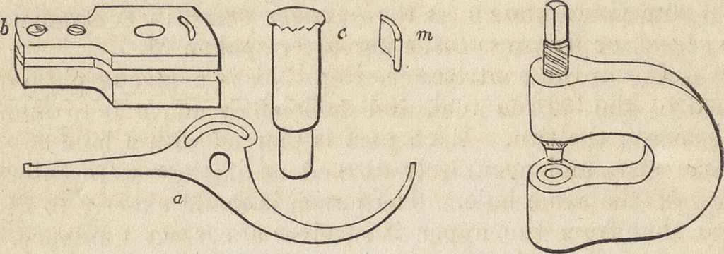 An illustration from The practical metal-worker's assistant : containing the arts of working all metals and alloys, forging of iron and steel, hardening and tempering, melting and mixing, casting and founding, works in sheet metal, the processes dependent on the ductility of the metals, soldering, and the most improved processes, and tools employed by metal-workers, with the application of the art of electro-metallurgy to manufacturing processes : collected from original sources, and from the works of Holtzapffel, Bergeron, Leupold, Plumier, Napier, and others ..., 1851, leaf 279