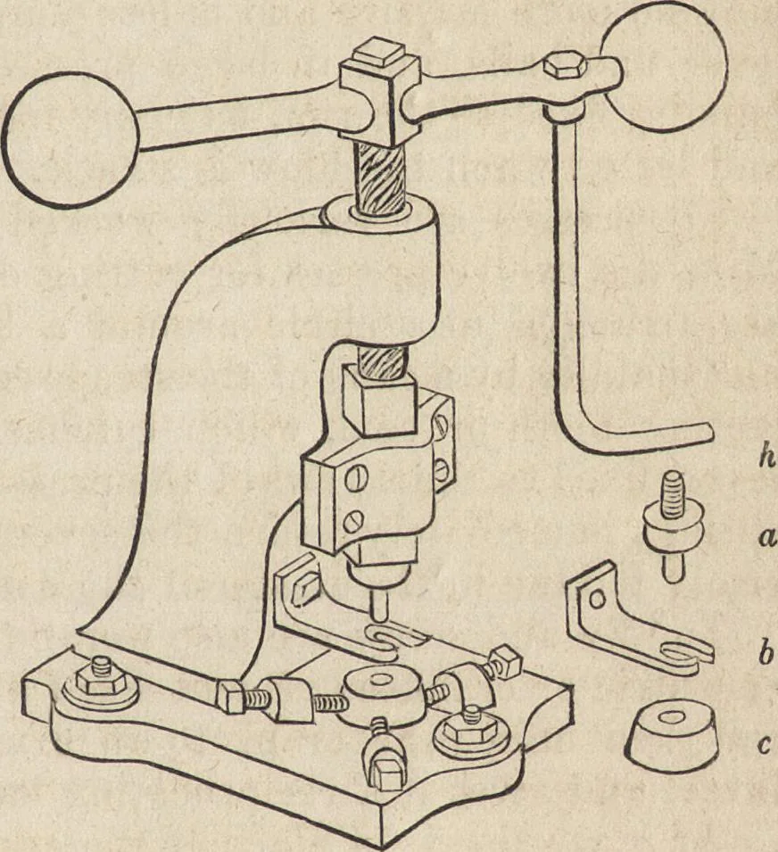 An illustration from The practical metal-worker's assistant : containing the arts of working all metals and alloys, forging of iron and steel, hardening and tempering, melting and mixing, casting and founding, works in sheet metal, the processes dependent on the ductility of the metals, soldering, and the most improved processes, and tools employed by metal-workers, with the application of the art of electro-metallurgy to manufacturing processes : collected from original sources, and from the works of Holtzapffel, Bergeron, Leupold, Plumier, Napier, and others ..., 1851, leaf 280