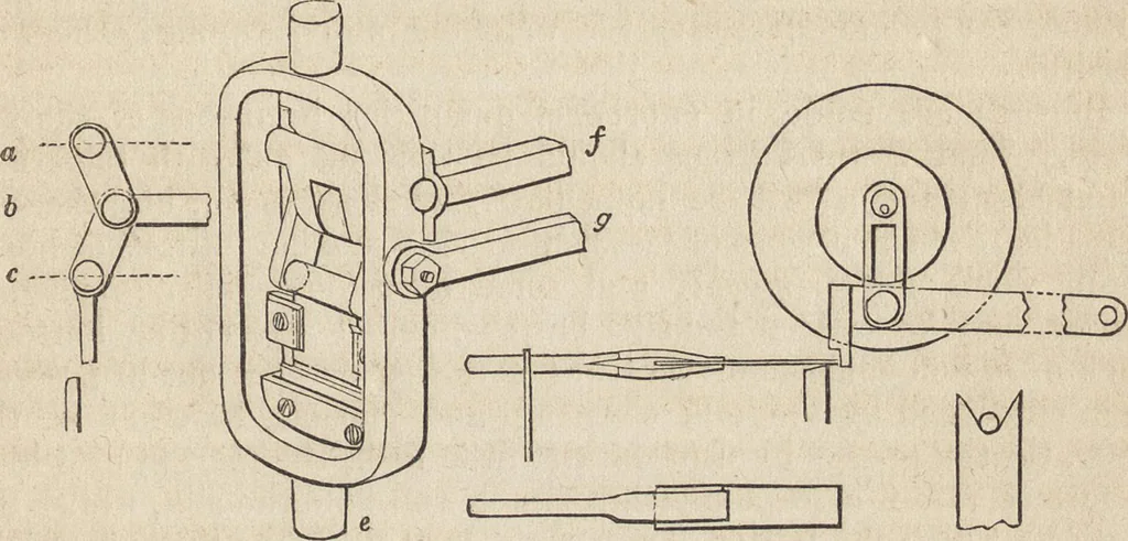An illustration from The practical metal-worker's assistant : containing the arts of working all metals and alloys, forging of iron and steel, hardening and tempering, melting and mixing, casting and founding, works in sheet metal, the processes dependent on the ductility of the metals, soldering, and the most improved processes, and tools employed by metal-workers, with the application of the art of electro-metallurgy to manufacturing processes : collected from original sources, and from the works of Holtzapffel, Bergeron, Leupold, Plumier, Napier, and others ..., 1851, leaf 282