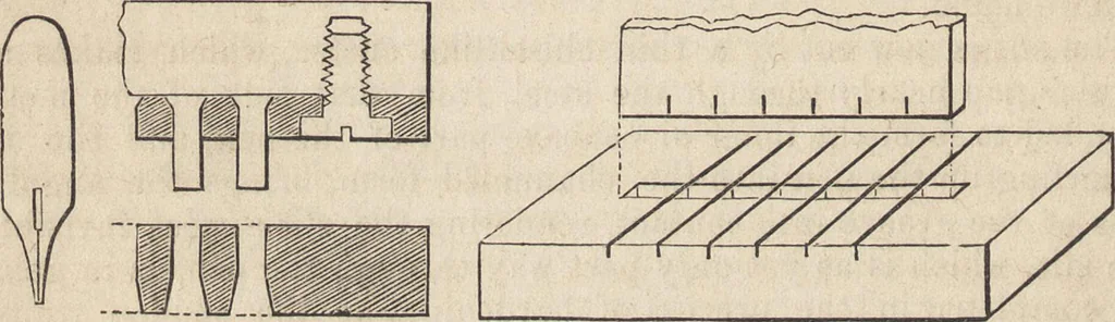 An illustration from The practical metal-worker's assistant : containing the arts of working all metals and alloys, forging of iron and steel, hardening and tempering, melting and mixing, casting and founding, works in sheet metal, the processes dependent on the ductility of the metals, soldering, and the most improved processes, and tools employed by metal-workers, with the application of the art of electro-metallurgy to manufacturing processes : collected from original sources, and from the works of Holtzapffel, Bergeron, Leupold, Plumier, Napier, and others ..., 1851, leaf 287