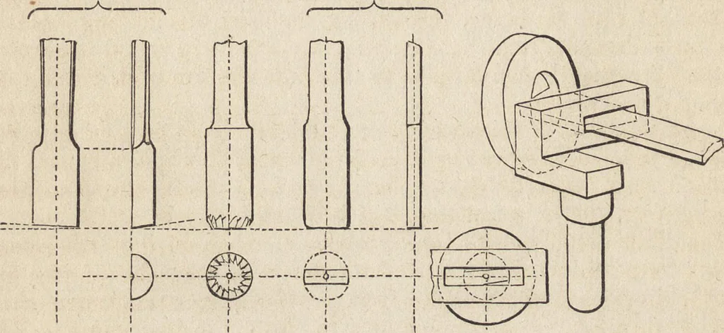 An illustration from The practical metal-worker's assistant : containing the arts of working all metals and alloys, forging of iron and steel, hardening and tempering, melting and mixing, casting and founding, works in sheet metal, the processes dependent on the ductility of the metals, soldering, and the most improved processes, and tools employed by metal-workers, with the application of the art of electro-metallurgy to manufacturing processes : collected from original sources, and from the works of Holtzapffel, Bergeron, Leupold, Plumier, Napier, and others ..., 1851, leaf 311