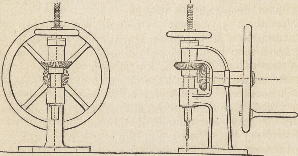 An illustration from The practical metal-worker's assistant : containing the arts of working all metals and alloys, forging of iron and steel, hardening and tempering, melting and mixing, casting and founding, works in sheet metal, the processes dependent on the ductility of the metals, soldering, and the most improved processes, and tools employed by metal-workers, with the application of the art of electro-metallurgy to manufacturing processes : collected from original sources, and from the works of Holtzapffel, Bergeron, Leupold, Plumier, Napier, and others ..., 1851, leaf 313