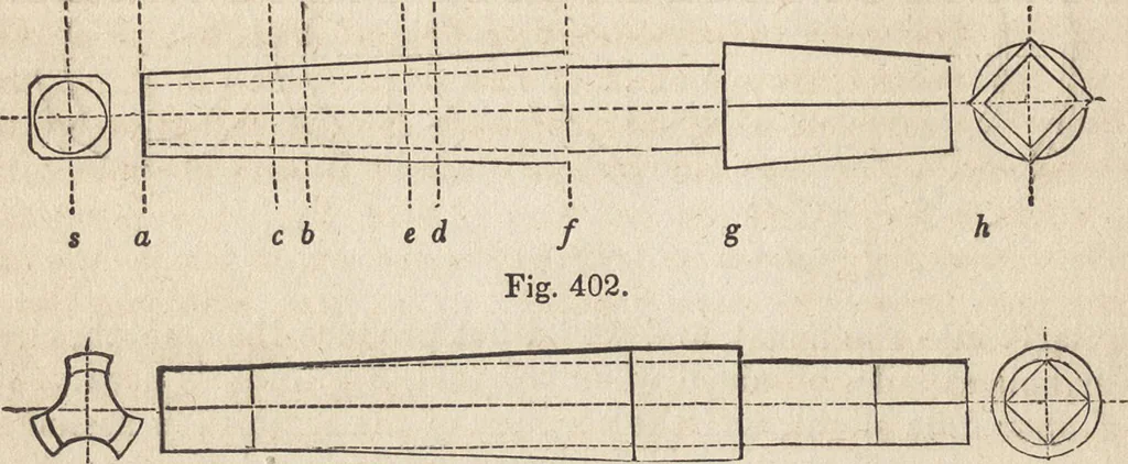 An illustration from The practical metal-worker's assistant : containing the arts of working all metals and alloys, forging of iron and steel, hardening and tempering, melting and mixing, casting and founding, works in sheet metal, the processes dependent on the ductility of the metals, soldering, and the most improved processes, and tools employed by metal-workers, with the application of the art of electro-metallurgy to manufacturing processes : collected from original sources, and from the works of Holtzapffel, Bergeron, Leupold, Plumier, Napier, and others ..., 1851, leaf 327
