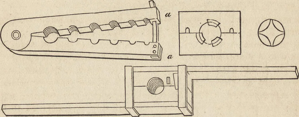 An illustration from The practical metal-worker's assistant : containing the arts of working all metals and alloys, forging of iron and steel, hardening and tempering, melting and mixing, casting and founding, works in sheet metal, the processes dependent on the ductility of the metals, soldering, and the most improved processes, and tools employed by metal-workers, with the application of the art of electro-metallurgy to manufacturing processes : collected from original sources, and from the works of Holtzapffel, Bergeron, Leupold, Plumier, Napier, and others ..., 1851, leaf 332